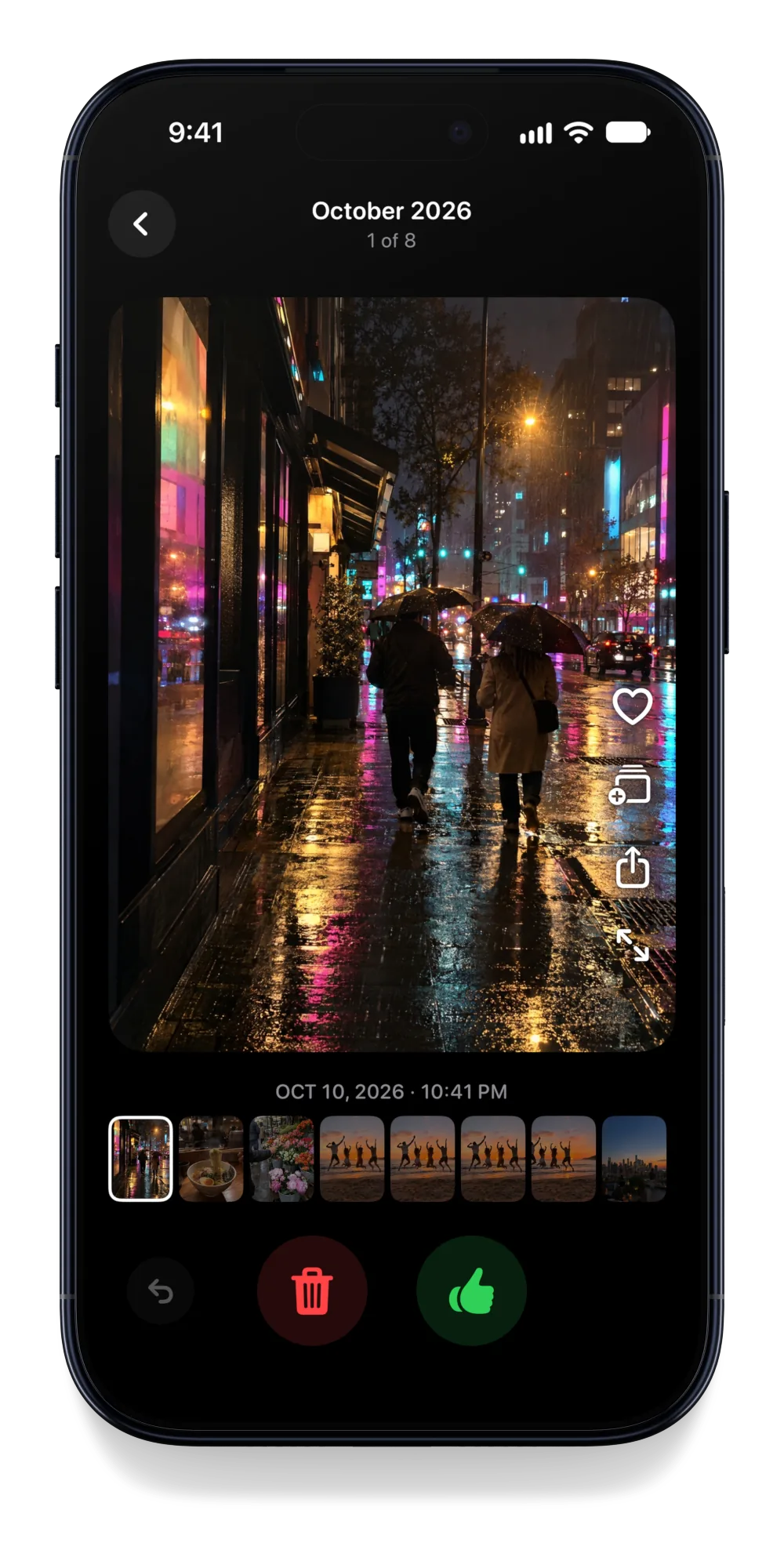 Sweep on iPhone: a rainy city street at night, the first of eight photos from October 2026, with buttons to delete or keep it