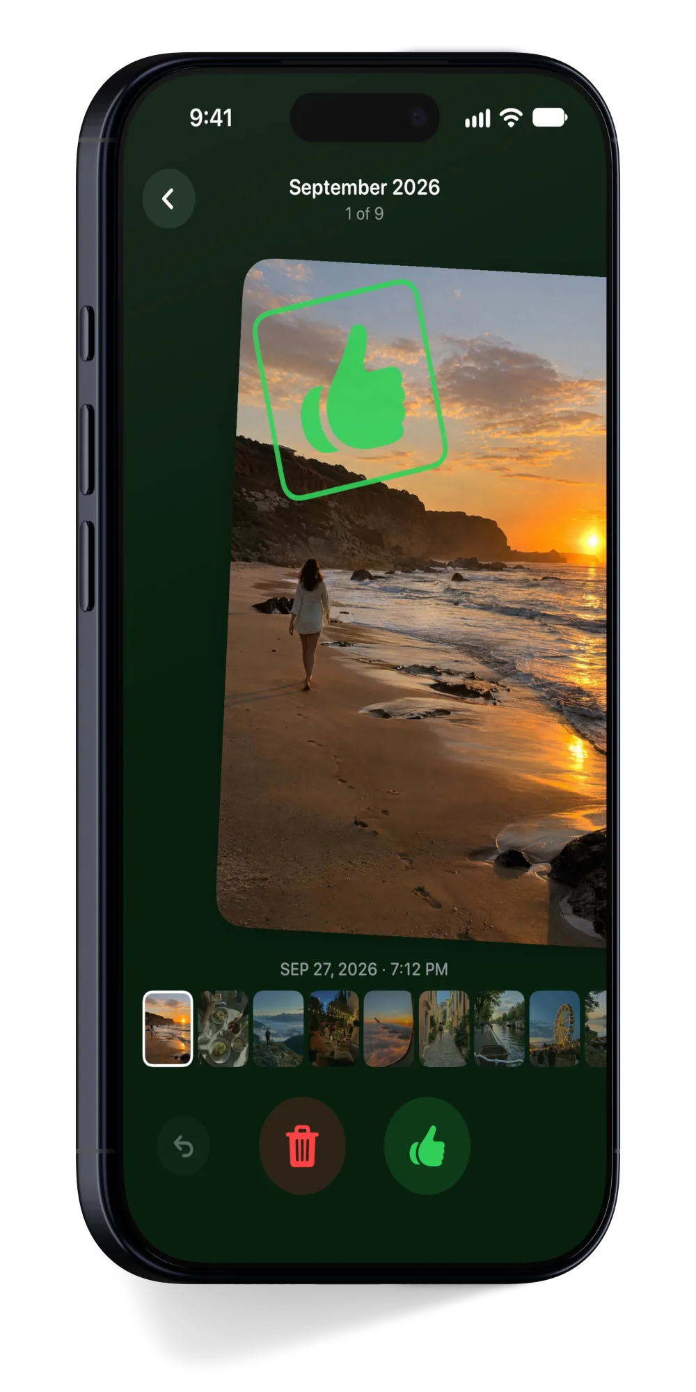 Sweep on iPhone: a photo of a woman walking along a beach at sunset is swiped right, and a green thumbs-up stamp says it stays