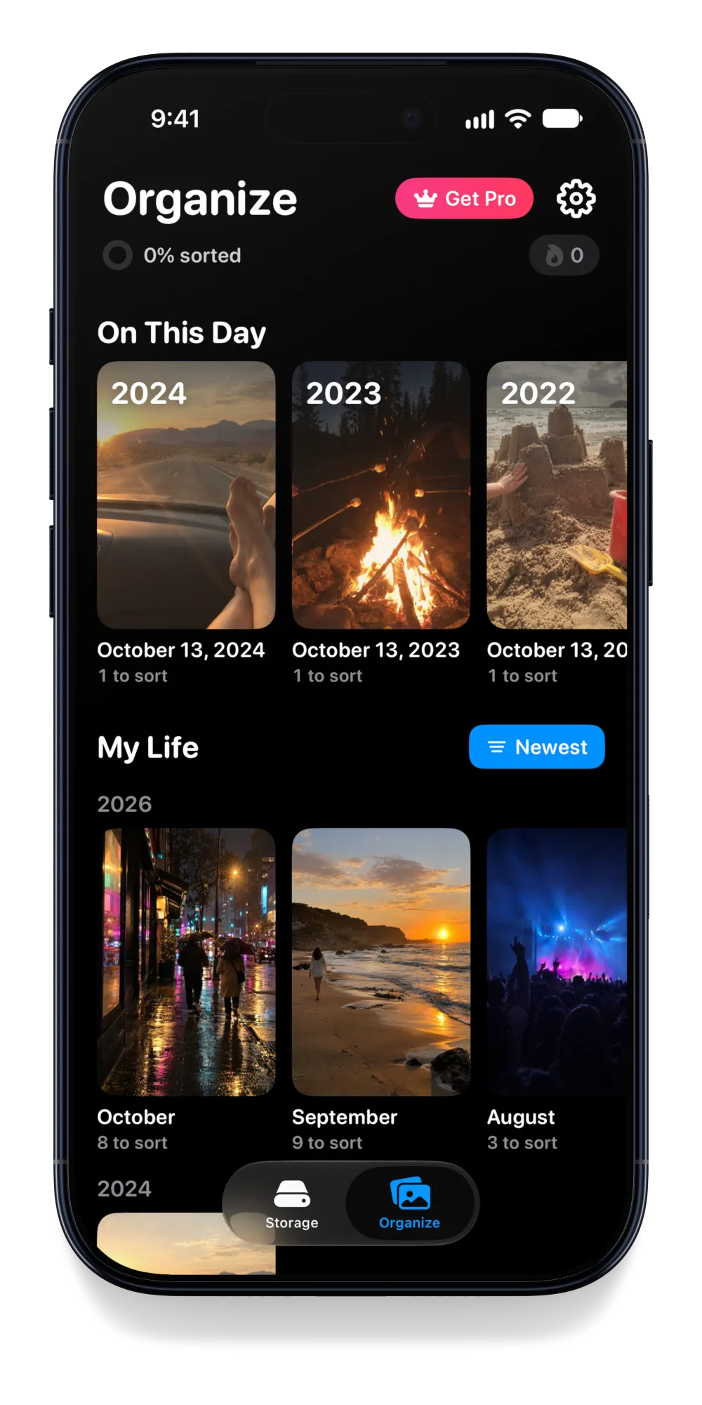 Sweep on iPhone: On This Day brings back a road trip from 2024, a campfire from 2023 and a sandcastle from 2022