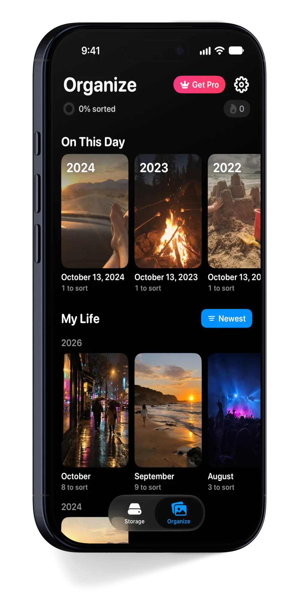 Sweep on iPhone: On This Day shows a road trip from 2024, a campfire from 2023 and a sandcastle from 2022, above months of photos to sort