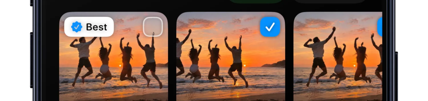 Sweep on iPhone: four near-identical photos of friends jumping on a beach at sunset, the sharpest one marked Best